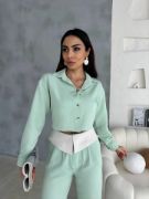 KETEN GÖMLEK-CROP-SALAŞ PANTOLON TAKIM - Mint resmi